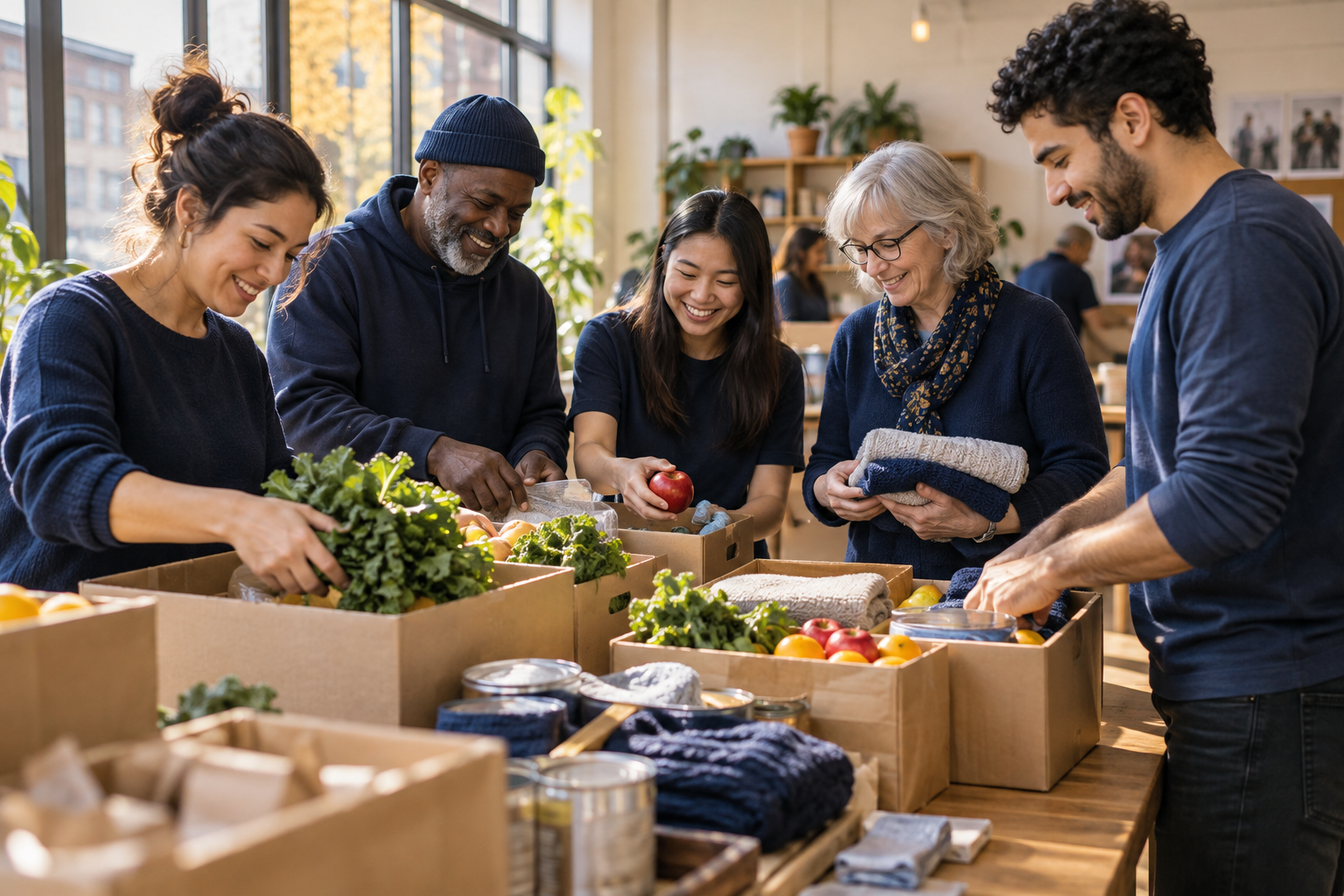 Volunteers organizing and packing food donations